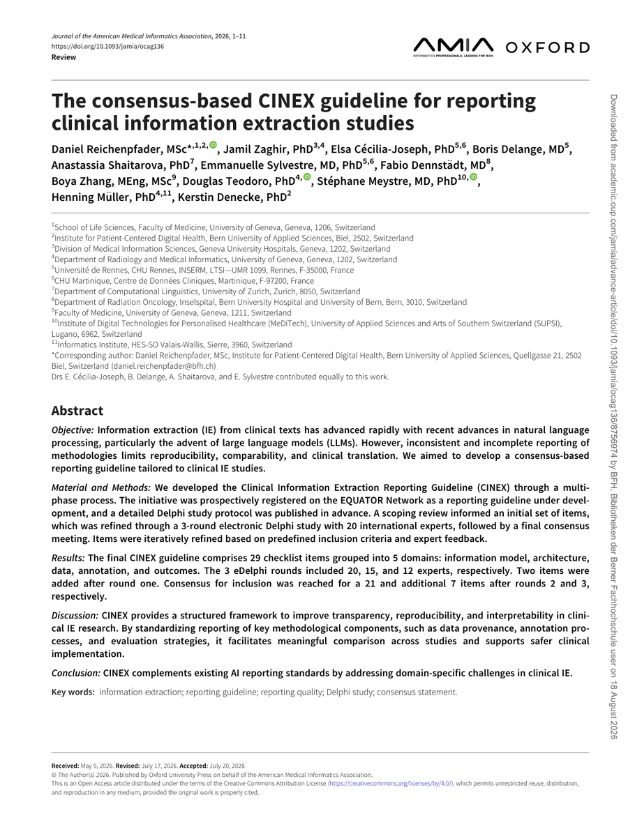 First page of the CINEX guideline paper, published in JAMIA